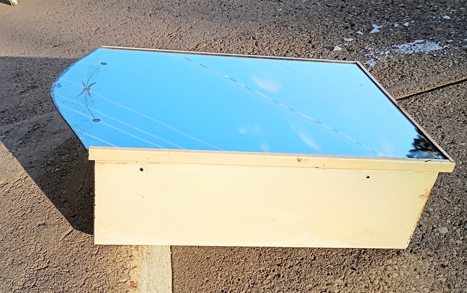 Vintage Metal Wall Mount Medicine Cabinet Arched Door Mirror Etched Lines & Dots