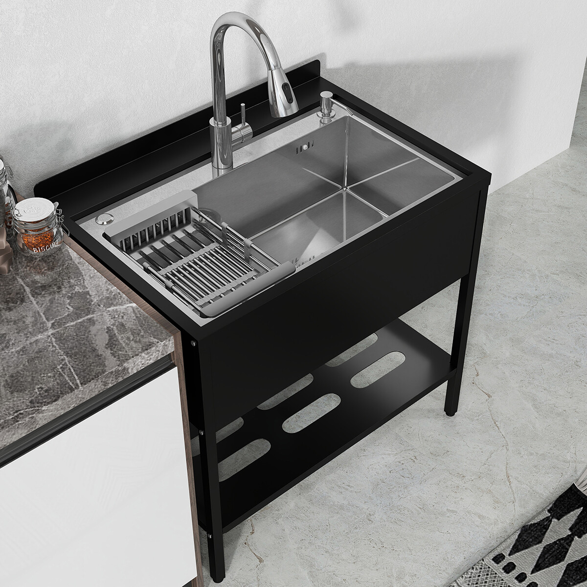 Stainless Steel Kitchen Sink Single Bowl w/ Faucet Shelf Bathroom Utility Sinks