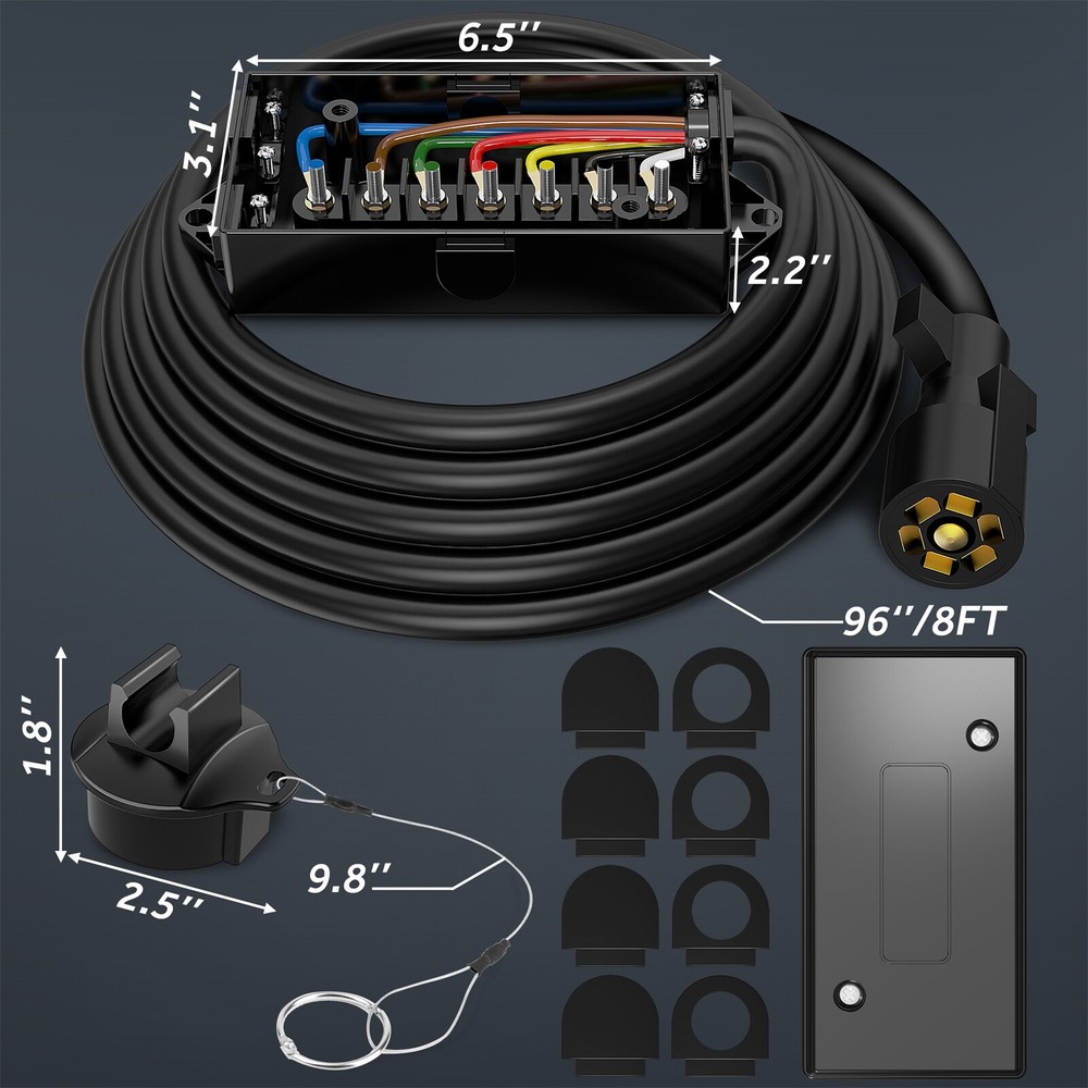 MICTUNING 8ft 16ft Trailer Cord 7 Way Plug Inline Junction Box Wiring Harness US