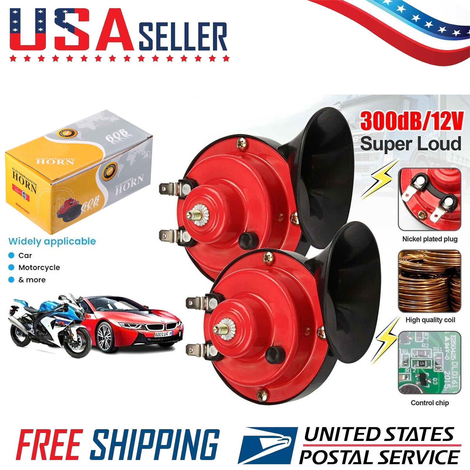 2x 12V 300DB Super Loud Train Horn Waterproof Motorcycle Car Truck SUV Boat Red