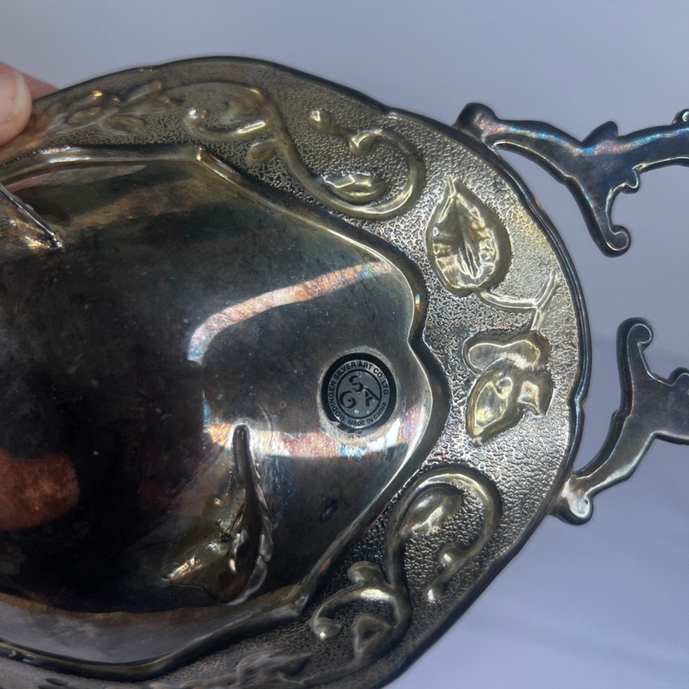 Godinger Silver Art Co Footed Etched Floral Silver Plated Dish Bowl w/ Handles