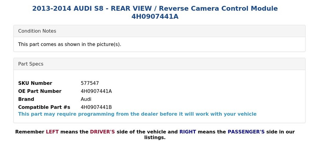 2013-2014 AUDI S8 - REAR VIEW / Reverse Camera Control Module 4H0907441A