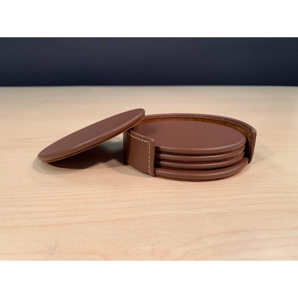 Dacasso Rustic Brown Leather 4-Round Coaster Set