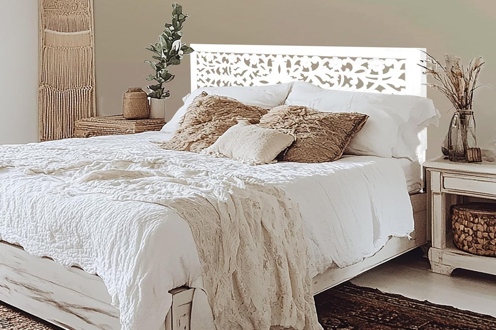 Rustic White Solid Wood Queen Headboard with Hand-Carved Design