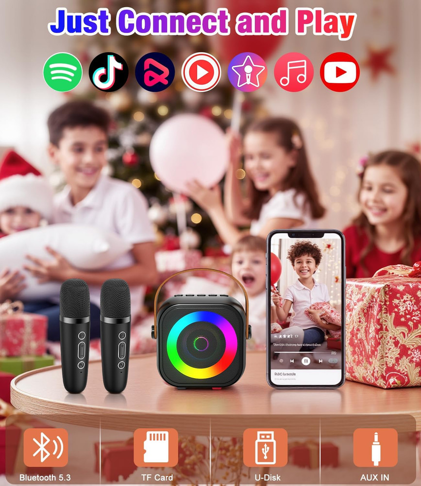 Mini Karaoke Machine, Portable Bluetooth Speaker with 2 Wireless Microphones for