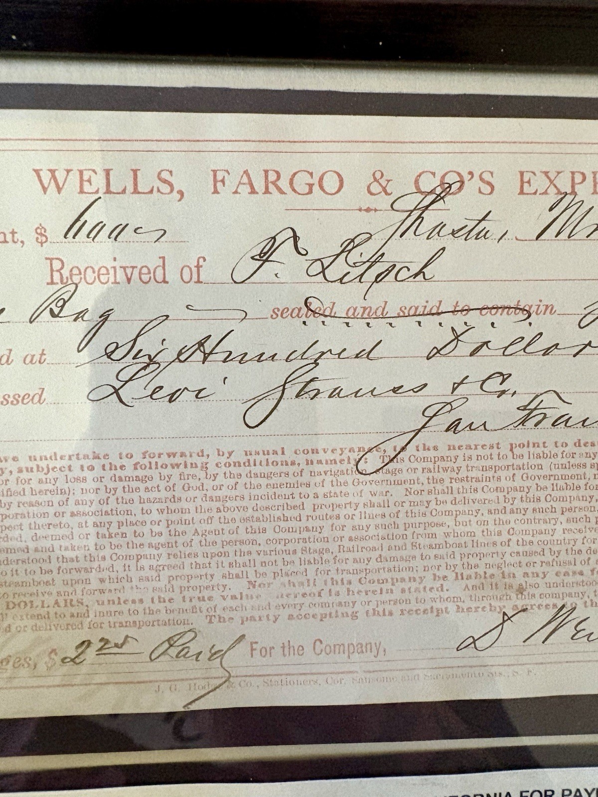 Wells Fargo & CO’s Express Receipt for Payment In Gold Dust to Levi Strauss Co
