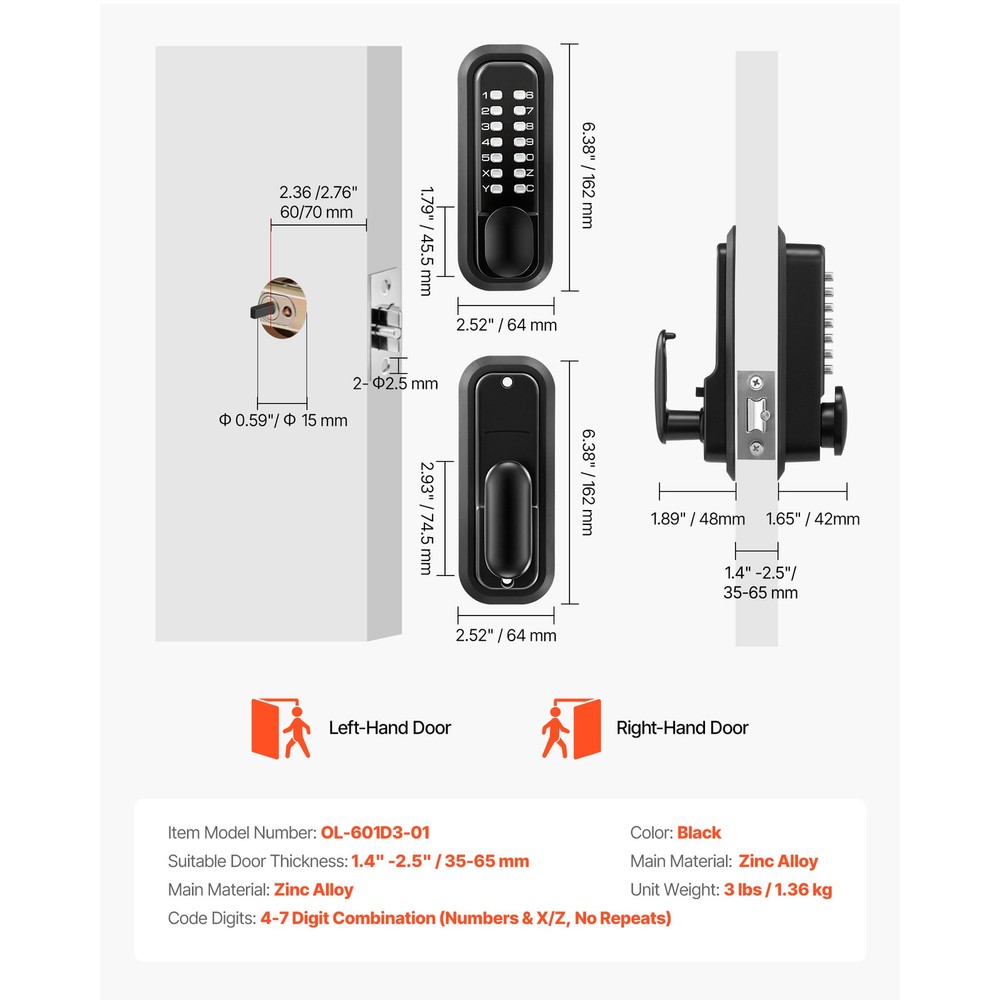 Uimoso Mechanical Keyless Door Lock with Keypad, 4-7 Digit Code, Black Finish