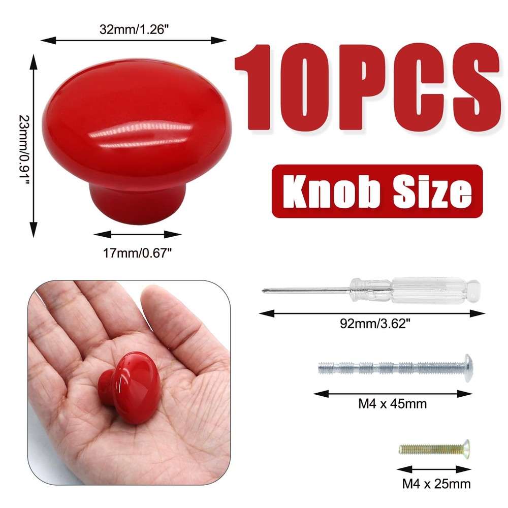 Biaungdo 10 Pack Red Ceramic Kitchen Cabinet Knobs Pulls, 32 mm/1.26 Inch