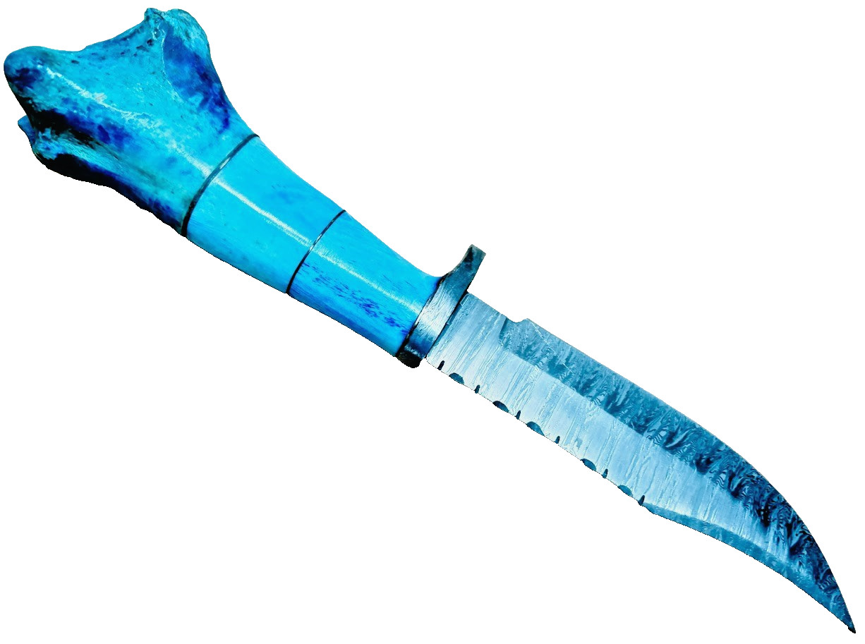 Blue Stag Bone Handle Damascus Fixed Blade Knife, Custom Made