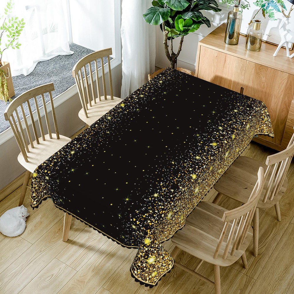 60x84inches Black Gold Rectangle Tablecloth Gold Glitter Sequin Table Cloth C...