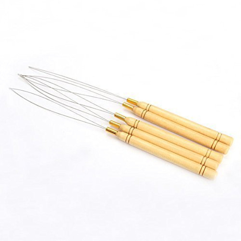 5 Wooden Hair Extensions Loop Needle Threader Wire Pulling Hook Tool for Silicon