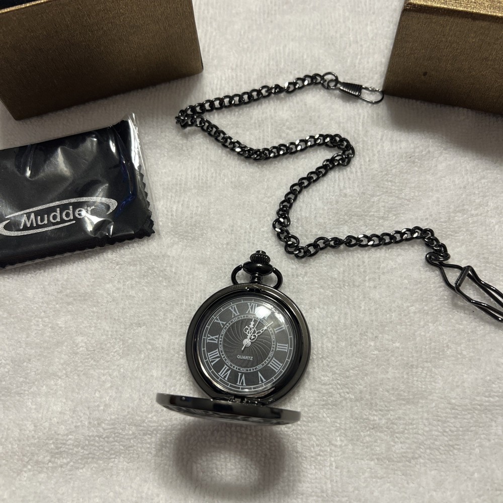 Mudder Black Pocket Watch w/Chain and Clip w/ box