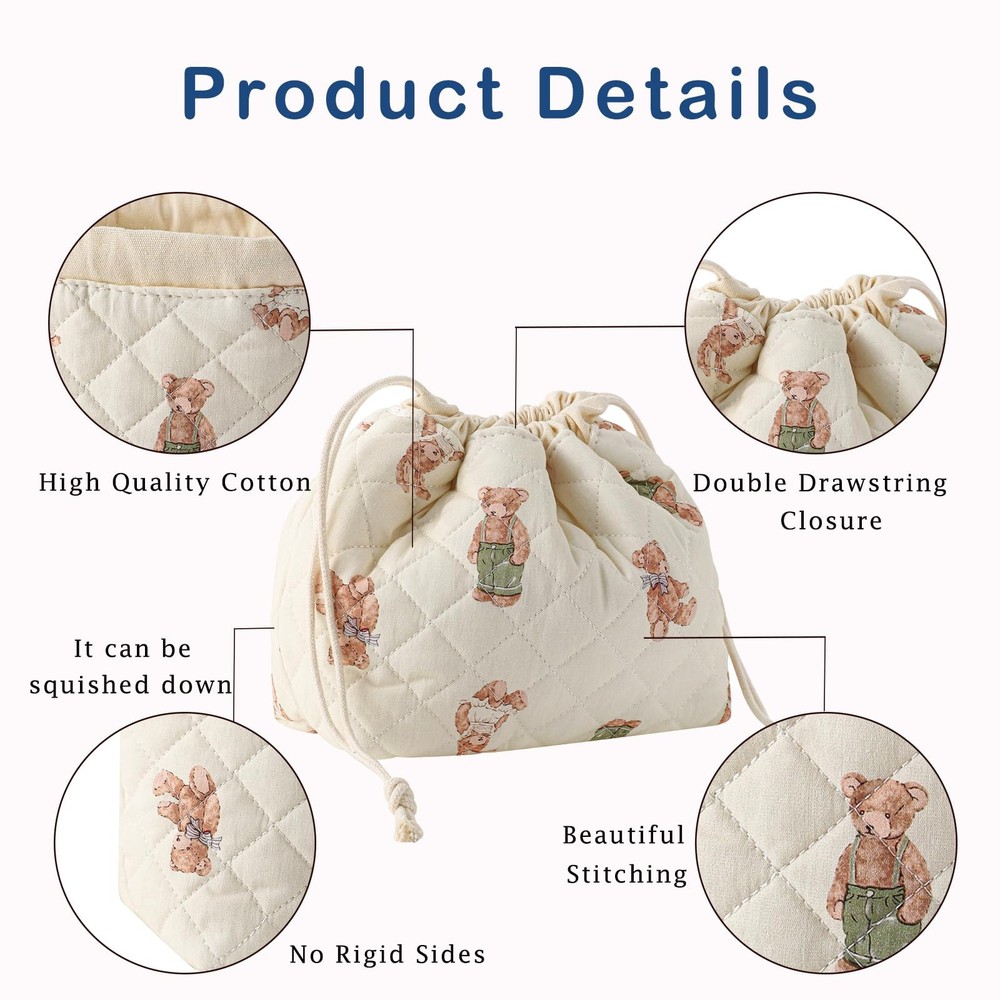 Cotton Quilted Drawstring Makeup Bag with Canvas Lining,Coquette Aesthetic Cute