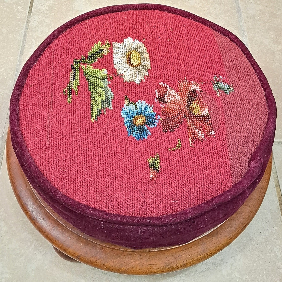 Antique Victorian Footstool Beaded Floral Needlework Tapestry Upholstery Ottoman