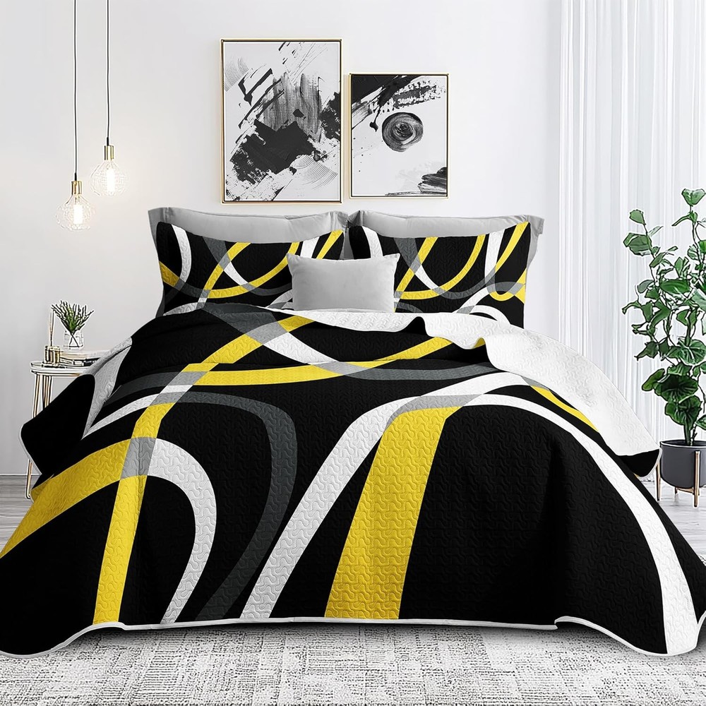 Classic Line Pattern Bedding Quilt King Size Modern Grey Red & Black Stripe