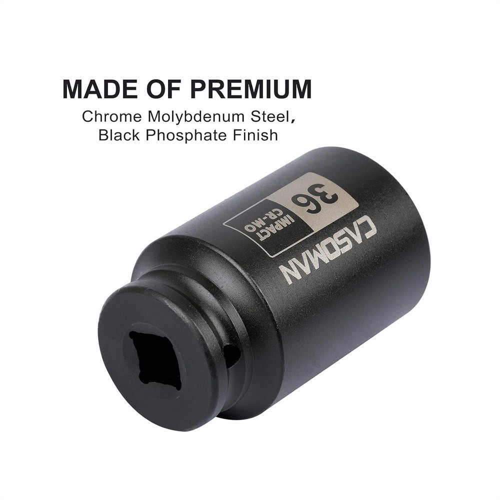 1/2" Drive X 36 Mm Deep 6 PT Impact Socket, CR-MO, Drive 6 Point Axle Nut Socket