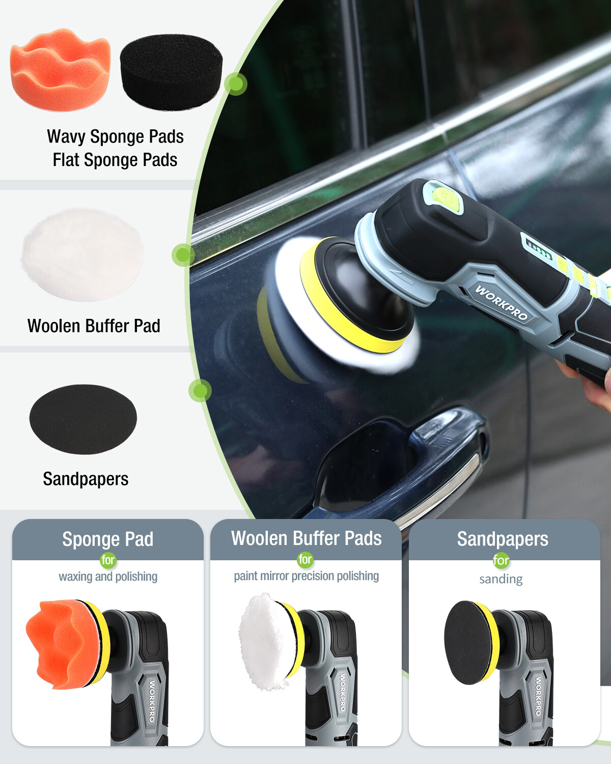 WORKPRO Cordless Mini Buffer Polisher 12V 5 Variable Speed Up to 3000RPM Battery