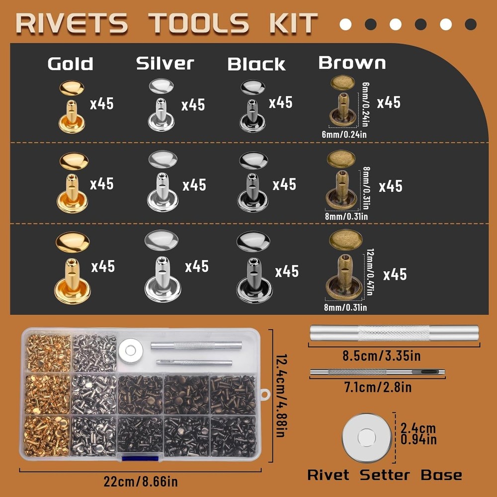 CBHGFEA 540 PCS Leather Rivets, 3 Different Sizes Double Cap Rivets Kit with Lea