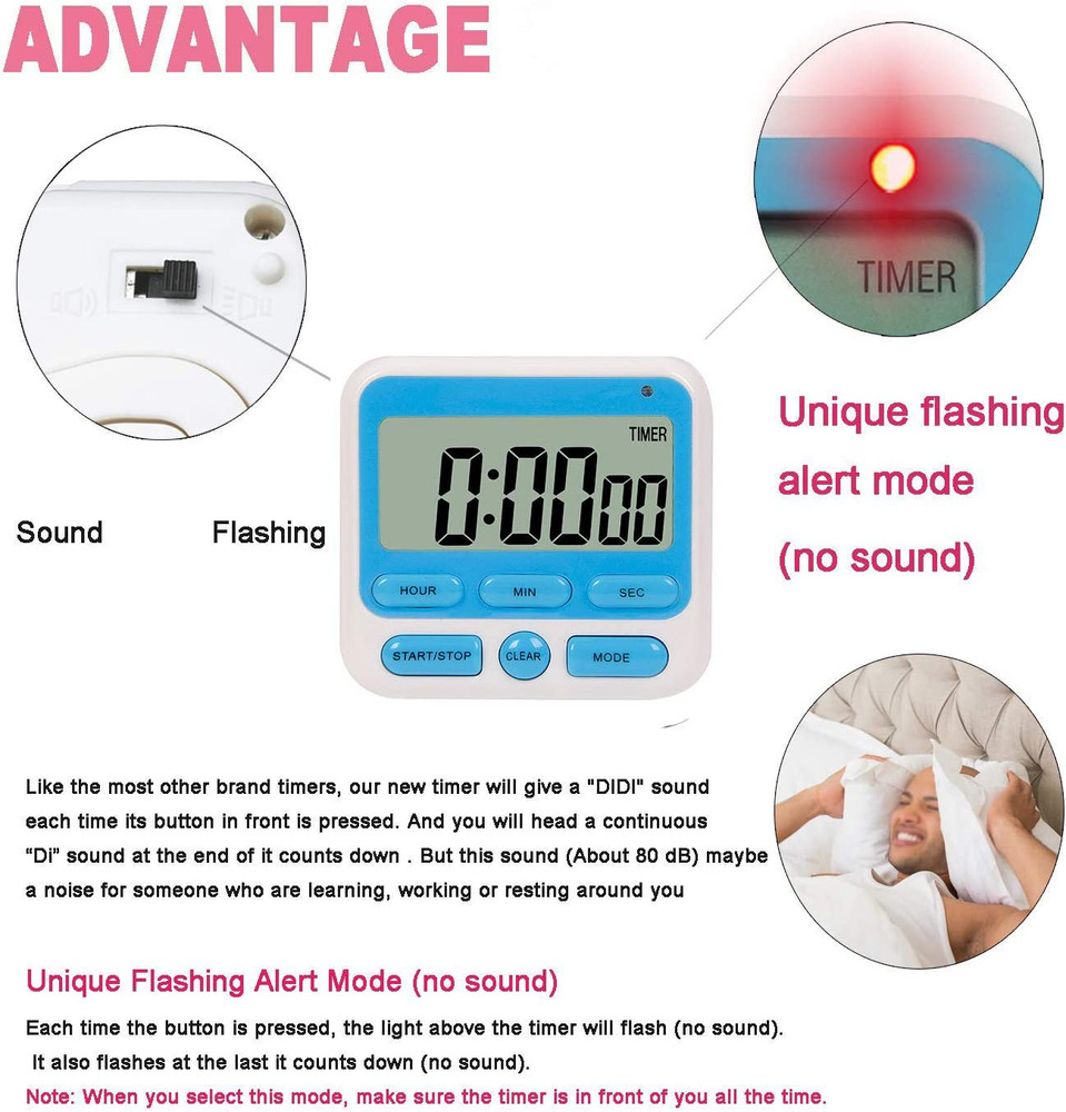 Upgraded Digital Kitchen Timer, On/Off Switch, 12/24 Hour Clock and Silent Timer