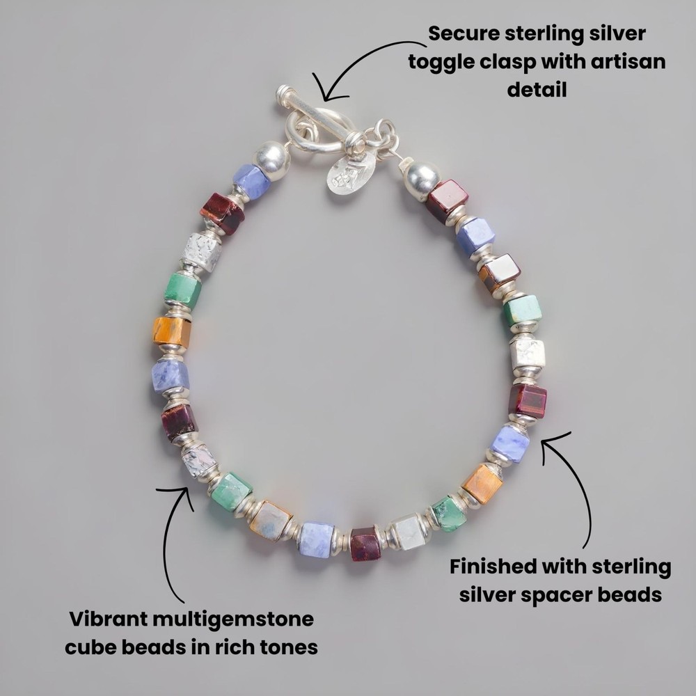 Silpada Sterling Silver Multi-Gemstone Cube Bead Bracelet 7.75" Toggle B0817