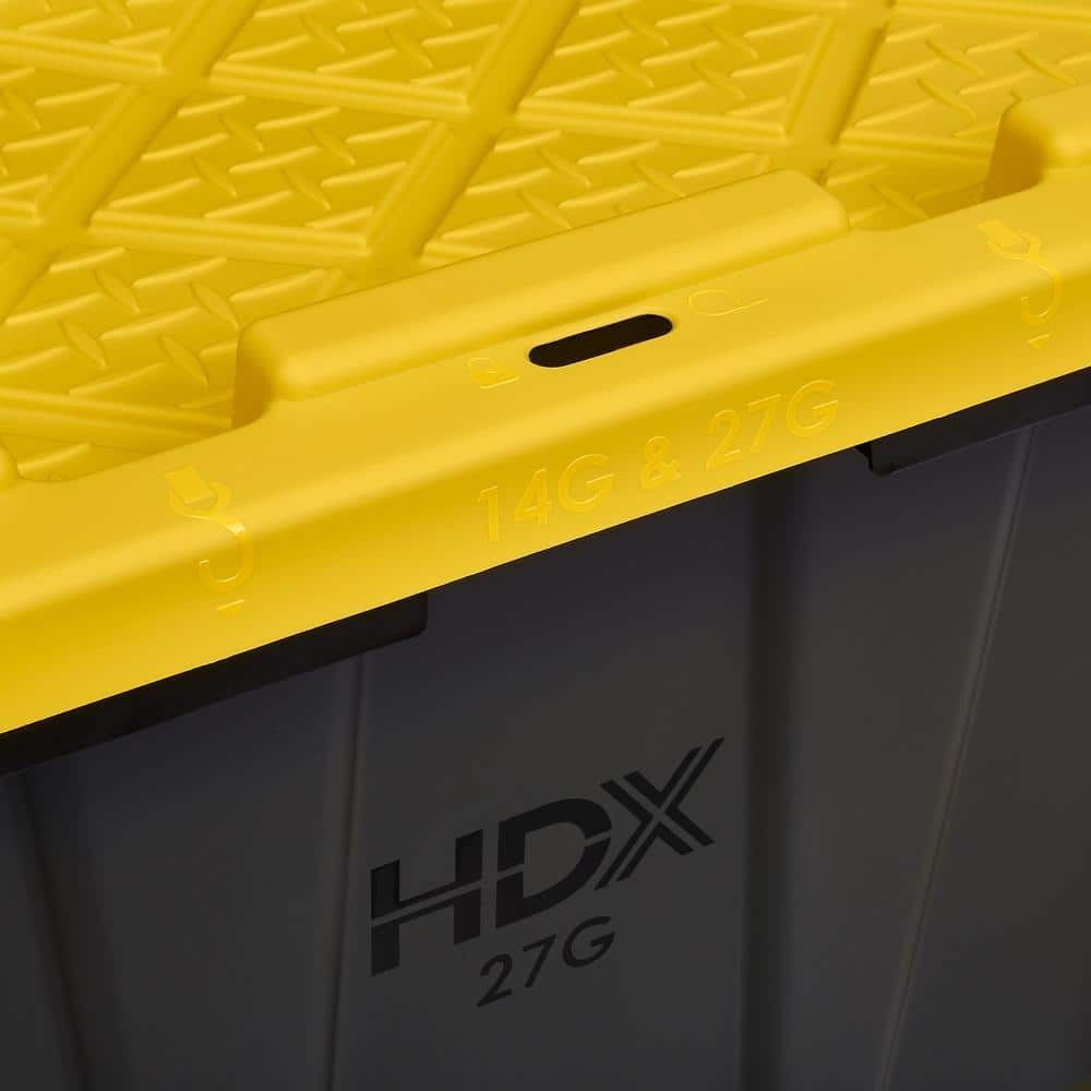 HDX 27 Gal. Tough Storage Tote 4 Pack Black Yellow Lid New