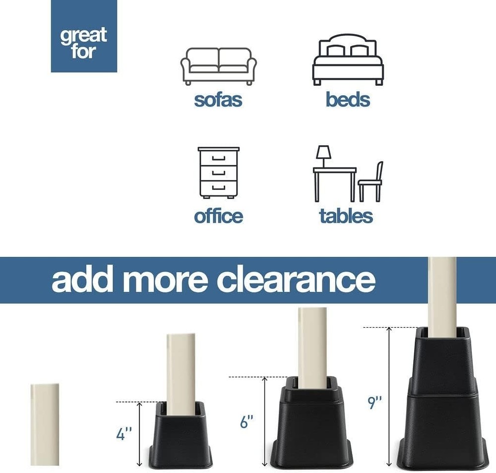 Adjustable Bed Risers Supports 1300 lbs Elevates Bed Couch Table 8 Pack
