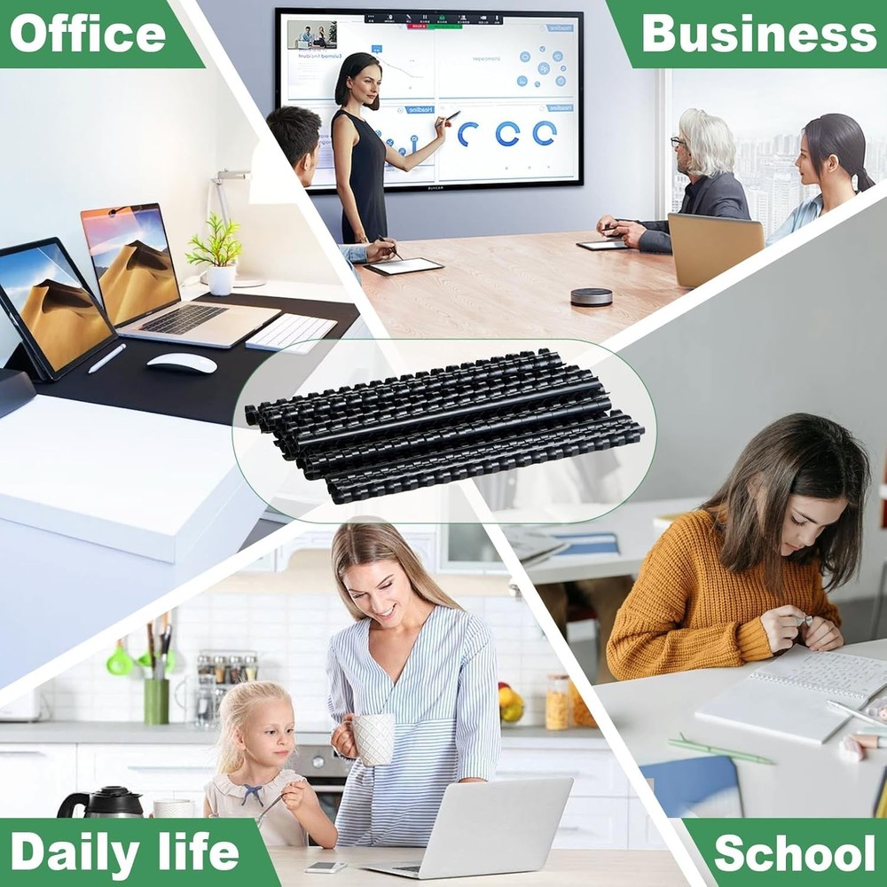100 Pack Black Plastic Binding Comb 3/8 Inch, 60 Sheet Capacity for Documents