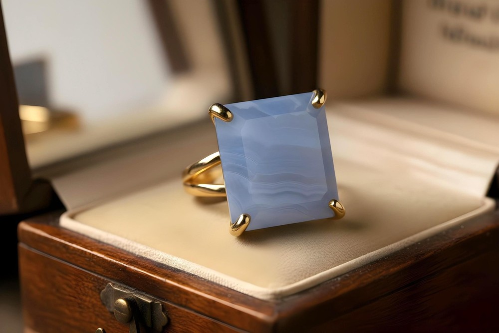 Blue Lace Agate Ring Anemone Handmade Square Cut 14k Gold Statement