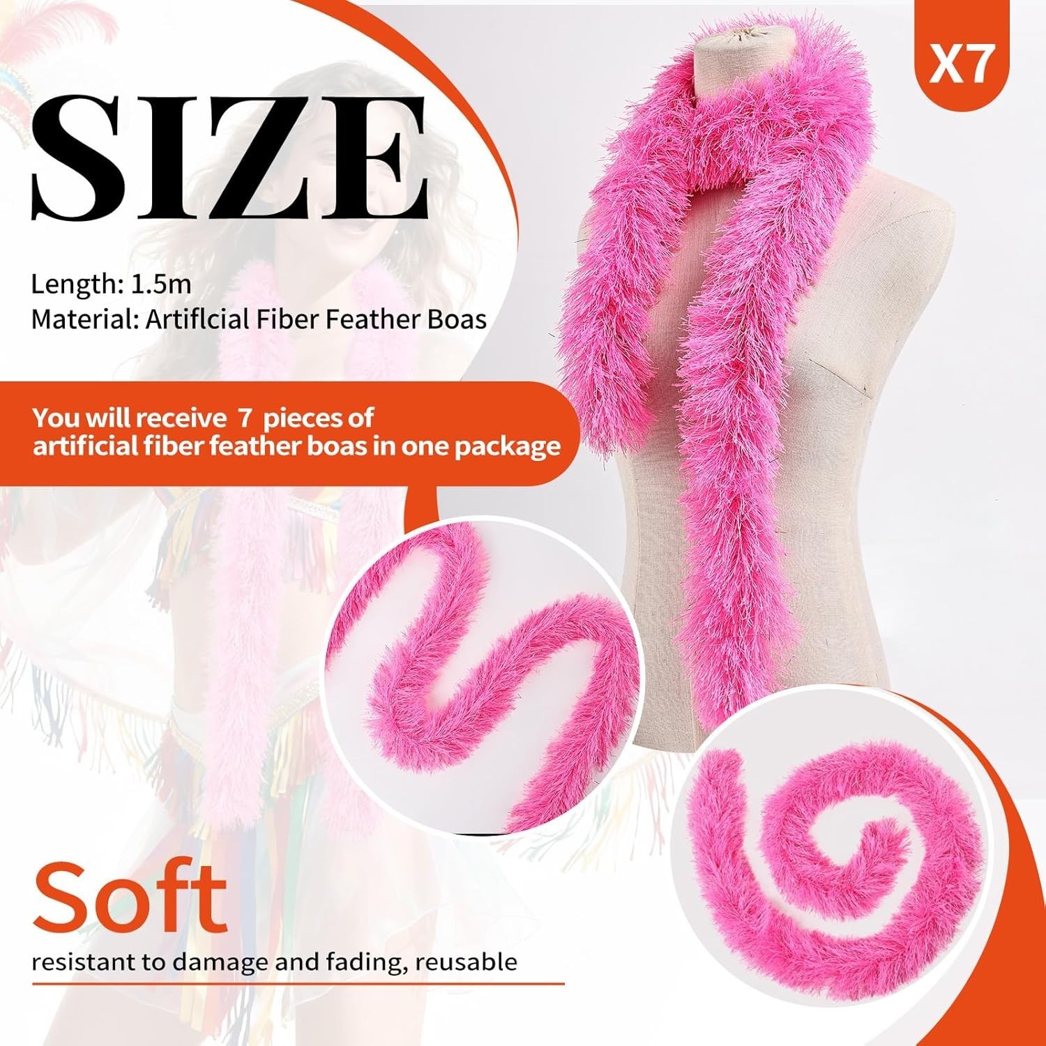 7 Pink Fluffy Boa Artificial 5ft Feather Faux Fur Costume Halloween Decoration