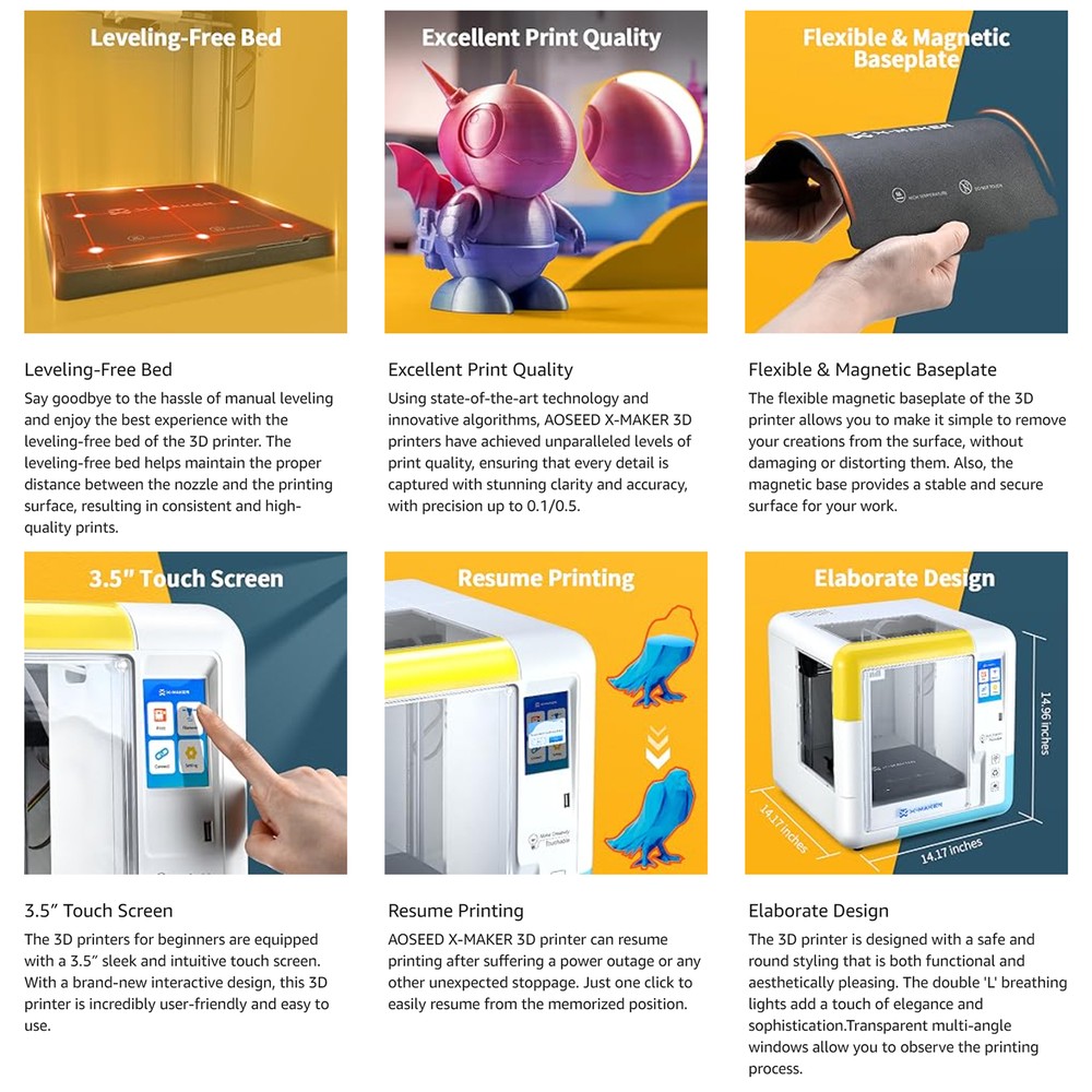 X-MAKER 3D Printer w/ Leveling-Free Bed 3.5-inch Touchscreen for Beginners T6J3