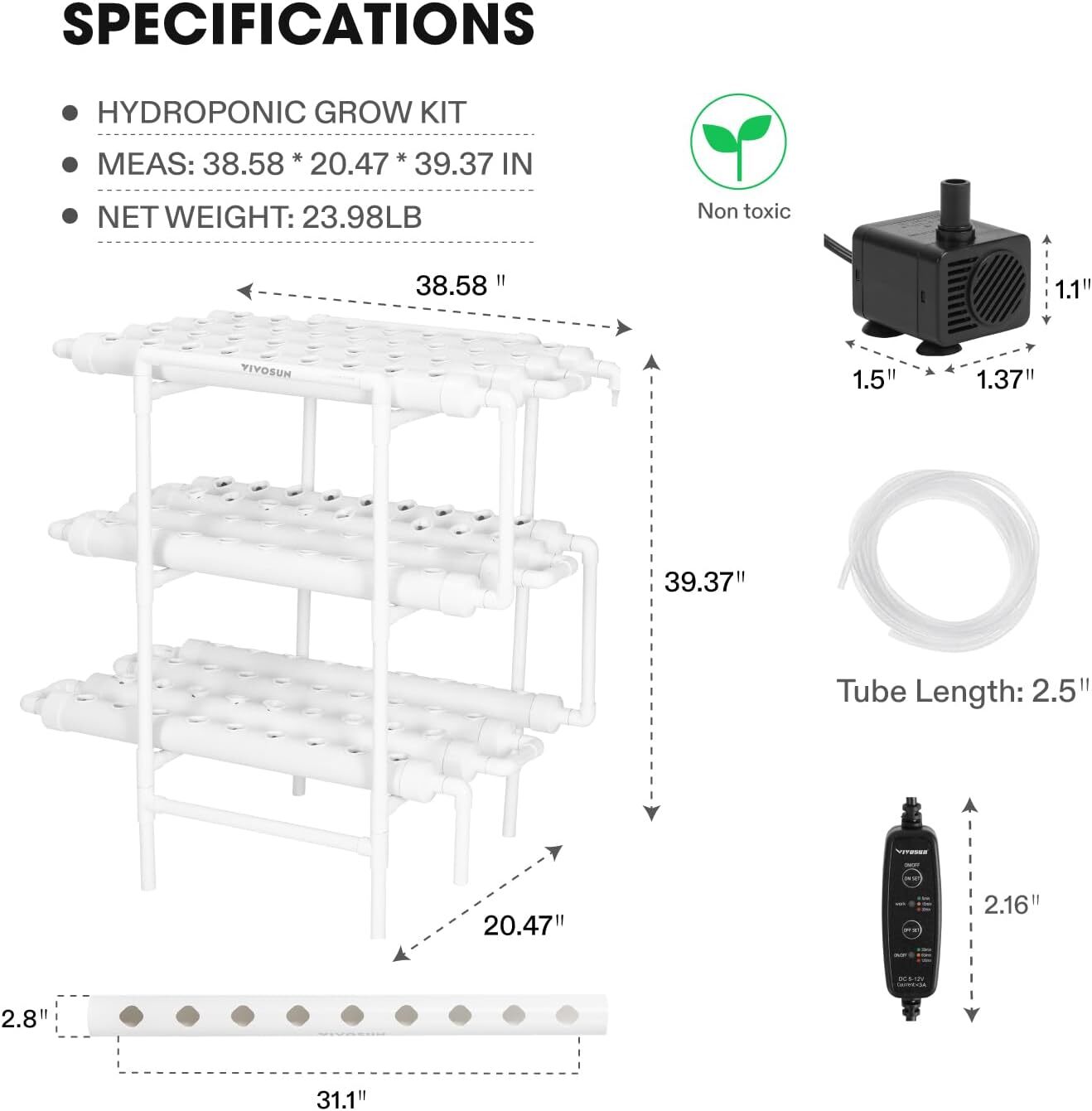 108 Planting Sites Hydroponic Grow Kit System Water Pump & Timer 3 Layer 12 Pipe
