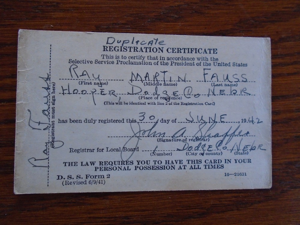 WWII Selective Service Registration Certificate, Dodge Co. Neb
