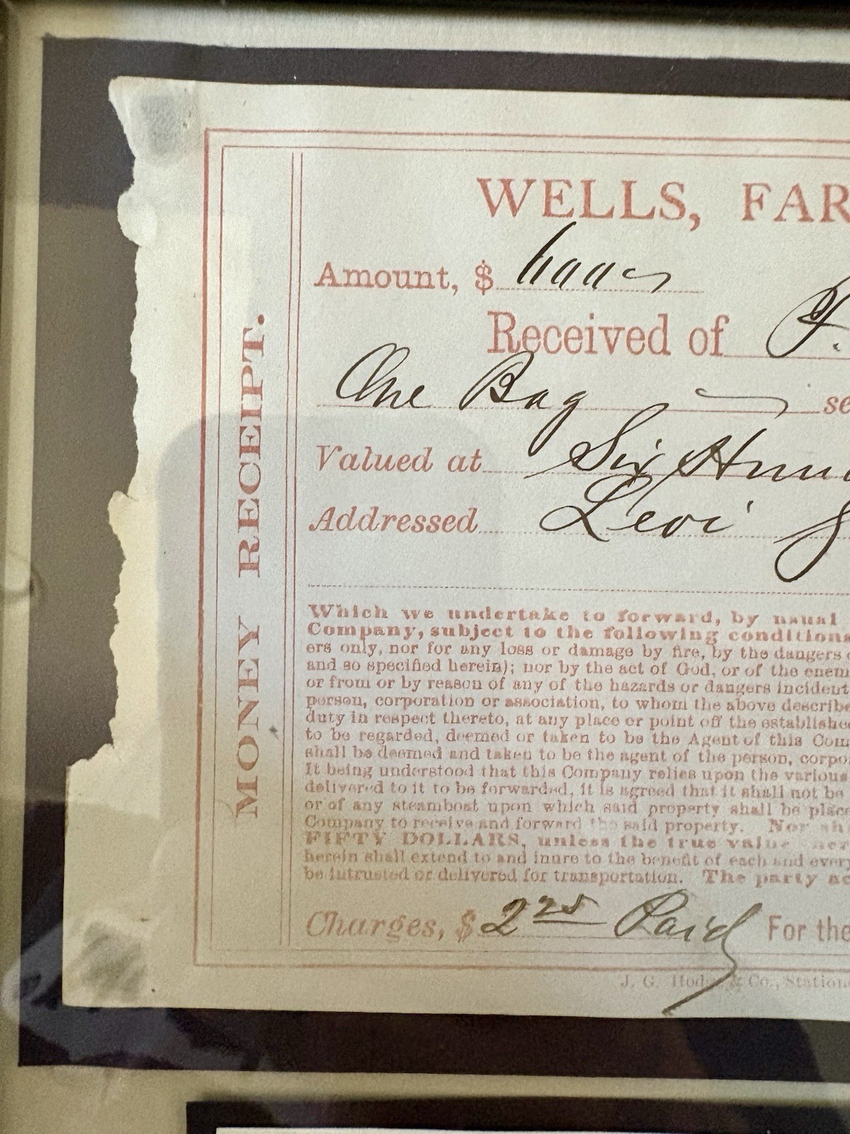 Wells Fargo & CO’s Express Receipt for Payment In Gold Dust to Levi Strauss Co