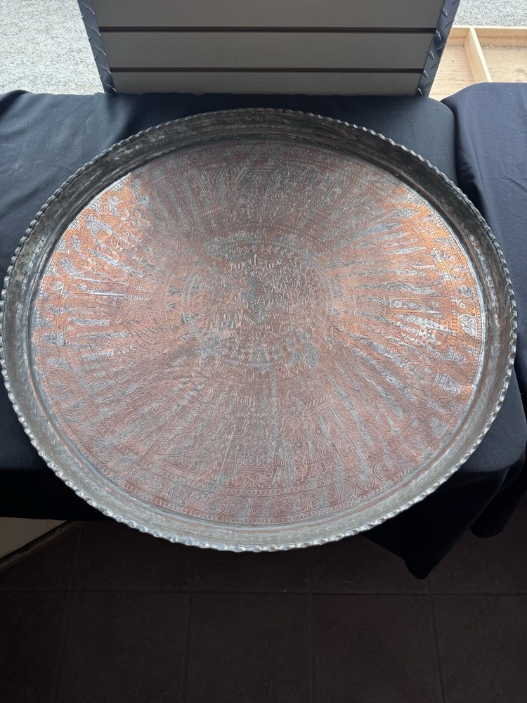 Vintage Islamic Middle Eastern Hammered Copper Platter Large 30”