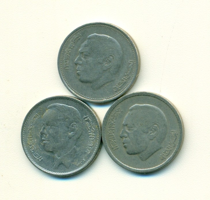 3 DIFFERENT 1 DIRHAM COINS from MOROCCO (1965, 1974 & 1987)