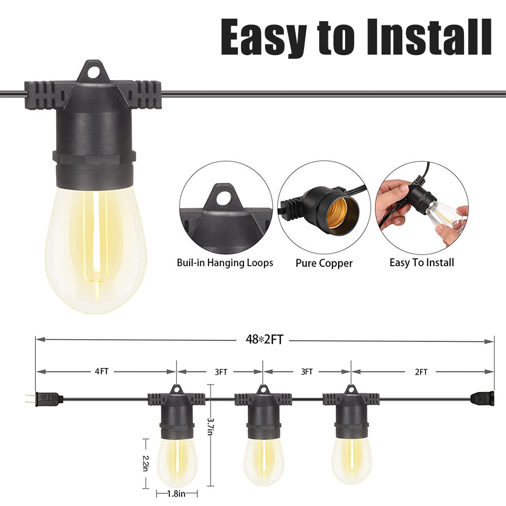 48FT Outdoor LED String Light IP65 S14 Edison Bulb Remote Dimmer Timer Garden US