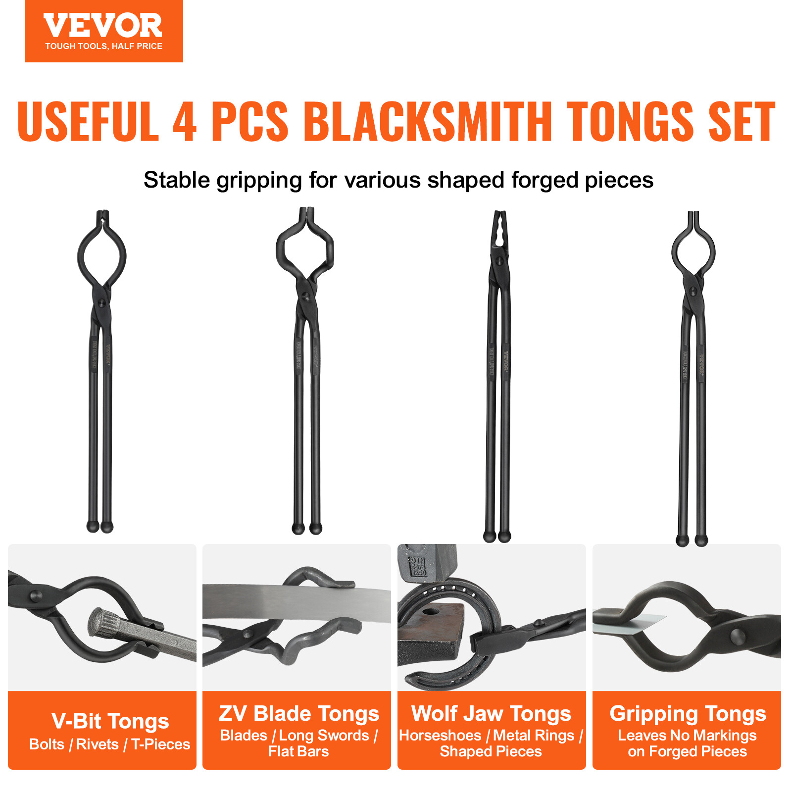 VEVOR Blacksmith Tongs 18” 4 PCS V-Bit Bolt Wolf Jaw Z V-Bit Gripping Tongs