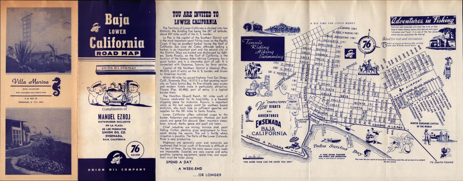 1950s Union Oil 76 Baja Lower California Road Map Mexico Ensenada
