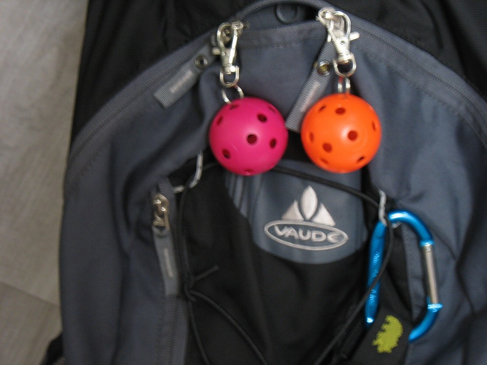 Pickleball Zipper Pulls, - Plastic Mini Pickleballs Qty 2 - Orange & Purple