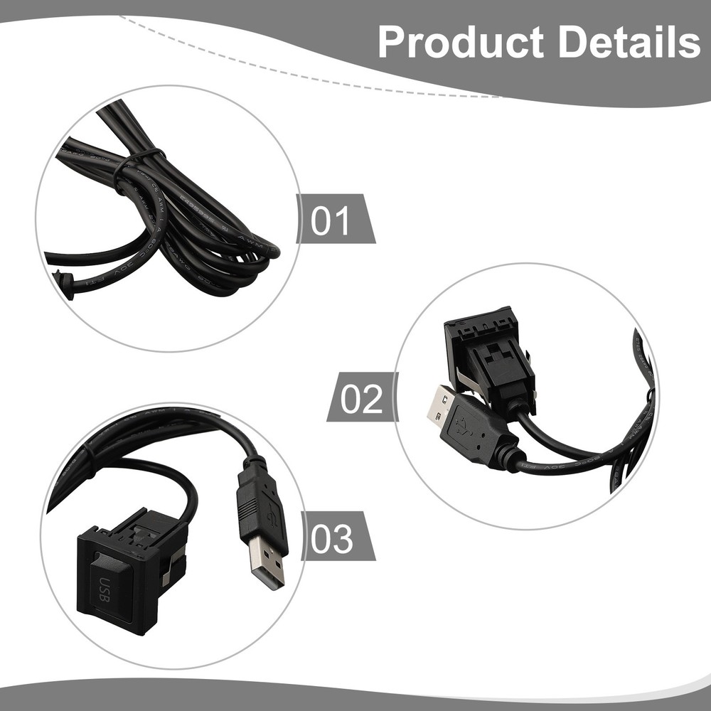 Black Car Dash Flush Mount USB Port Panel with Dual Extension Adapter Cable