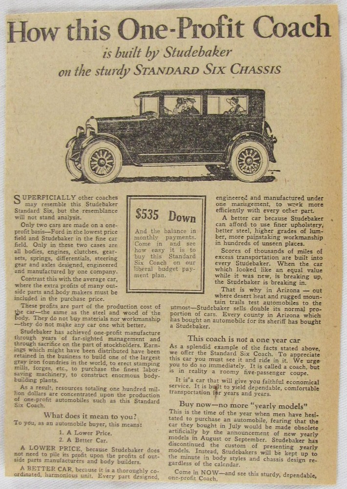 Vintage 1925 STUDEBAKER Coach Car Newspaper Print Ad
