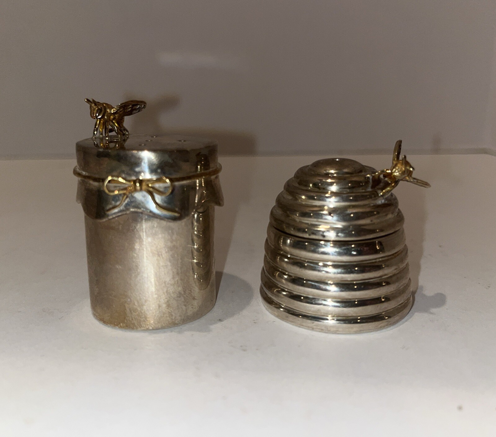 Thistle & Bee Sterling Silver Beehive Salt & Pepper Shakers Rare