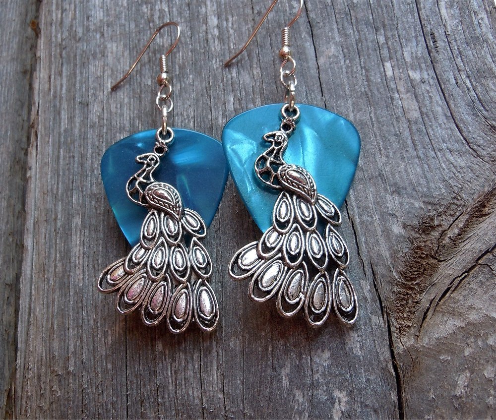Peacock Charm Guitar Pick Earrings