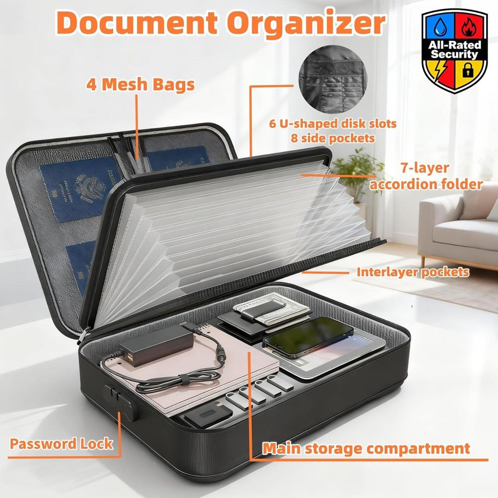 Fireproof Document Box with Lock & Waterproof Zipper, Portable File Organizer