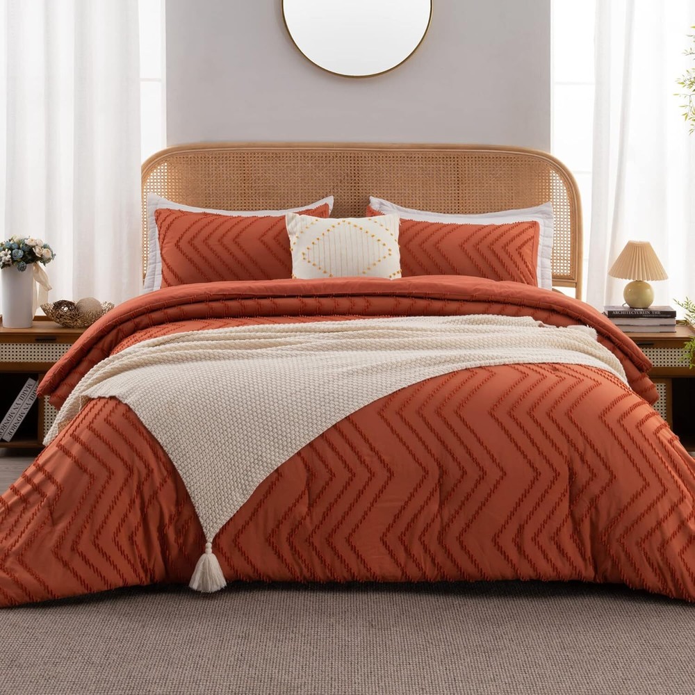 Burnt Orange Comforter Set, Lightweight Fall Tufted Bedding Set king
