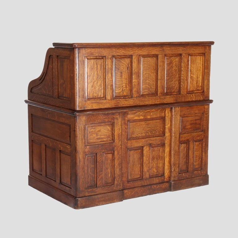 Derby Oak Raised Panel S-Roll Top Desk with Carved Pulls c1920