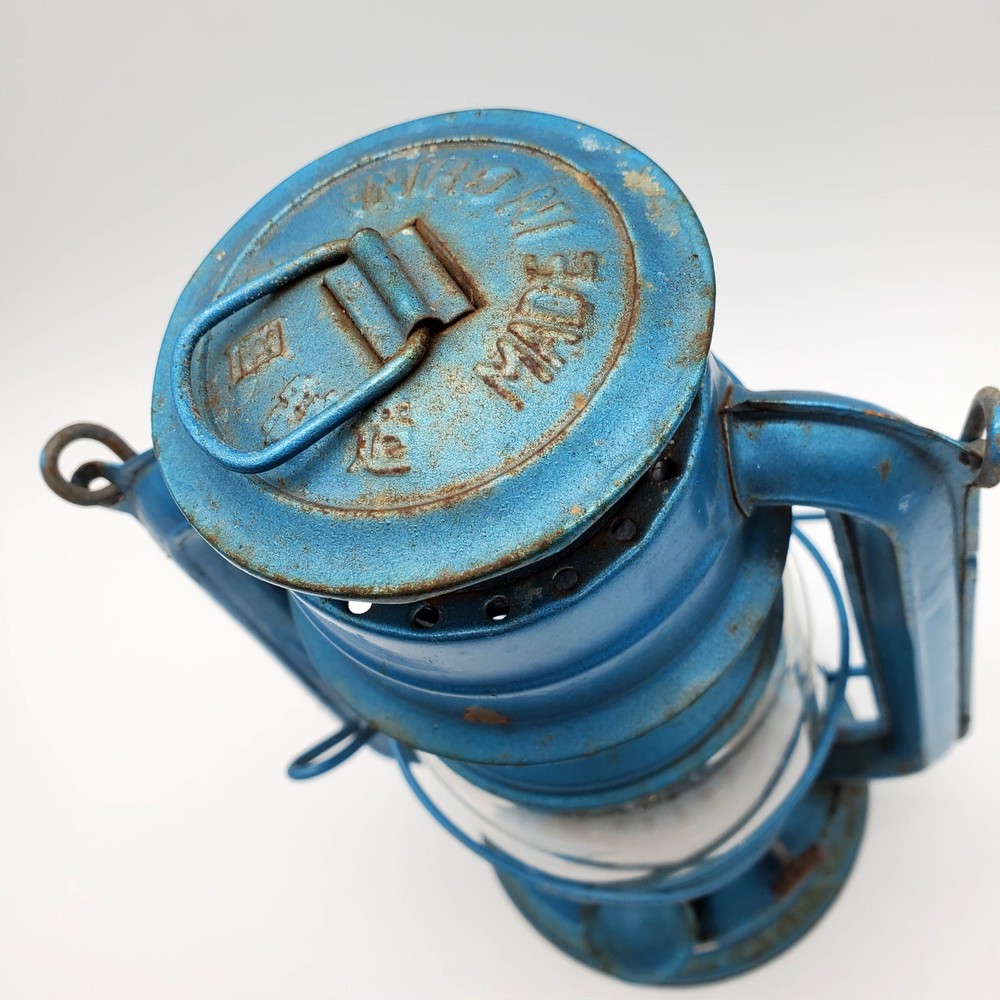 Vintage Blue Lantern Slightly rusty. May work? Great Decor