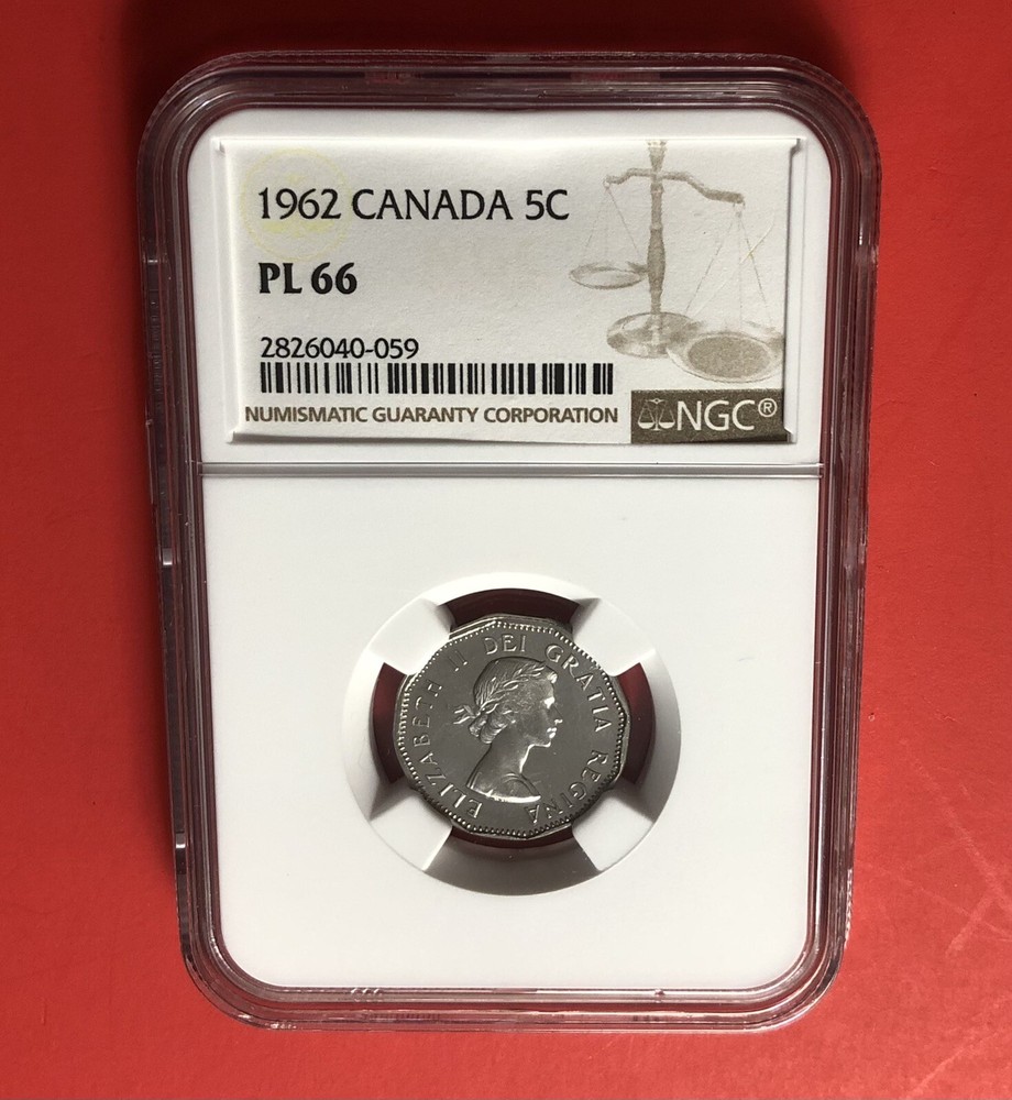 1962-CANADA-FIVE CENT COIN,GRADED BY NGC PL 66