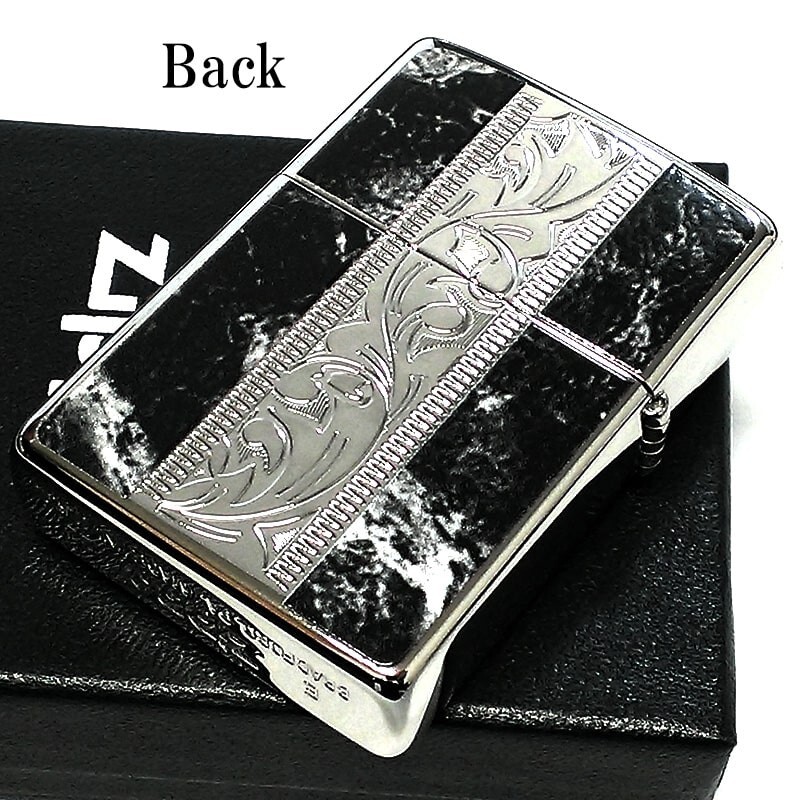 Zippo Lighter Marble Engrave Arabesque Silver Black Etching Regular Case Japan