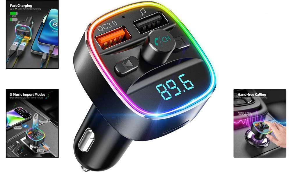 Bluetooth FM Transmitter with Dual USB Charger & 7 Color LED Backlight - Black